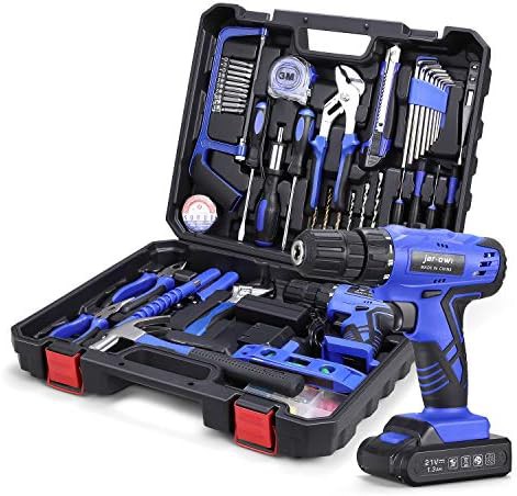 Blue cordless drill and 112 piece tool kit