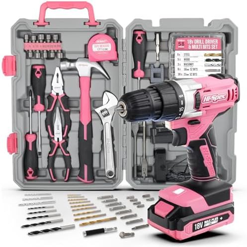 Pink cordless drill and building tool set
