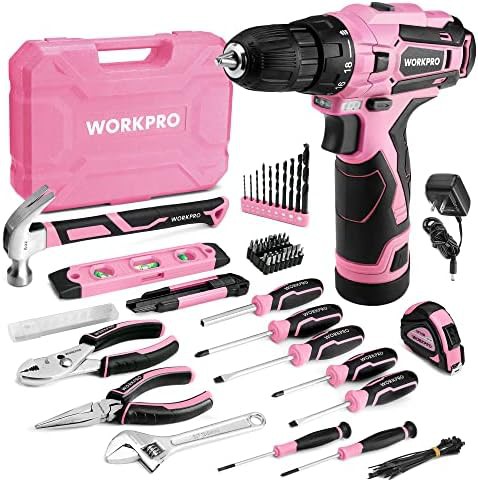 Pink 12V cordless drill with tool box