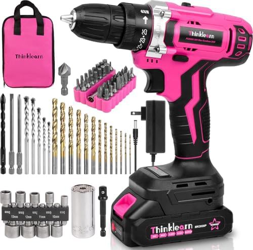 Pink cordless drill with 67 piece bit set