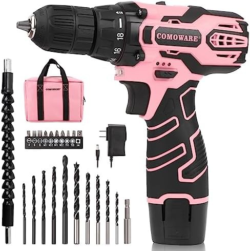 Pink cordless drill with tool bag