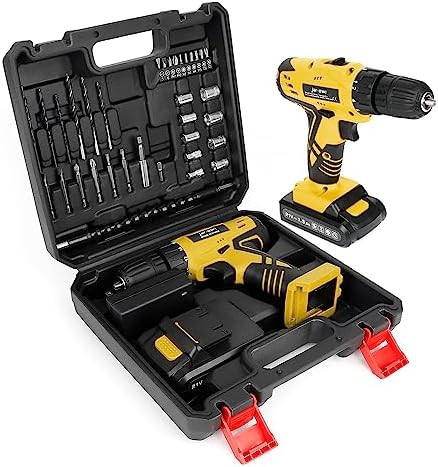 Yellow portable cordless drill with 37 bits