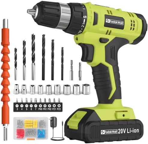 Green 20V power drill with driver bits
