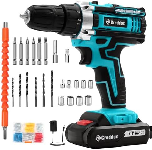 Blue cordless drill with 84 piece accessory kit