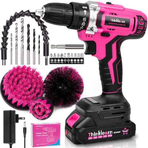 Pink cordless drill driver with cleaning brushes