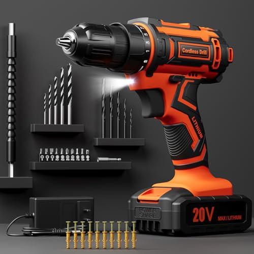Orange 20V drill with 42 bits