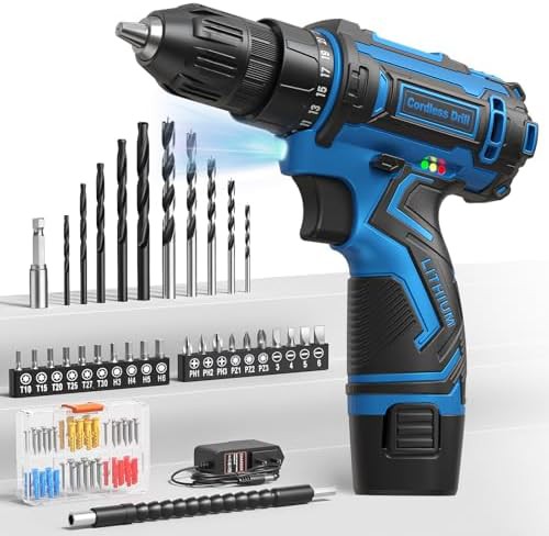 Blue cordless drill with ninety-two accessories