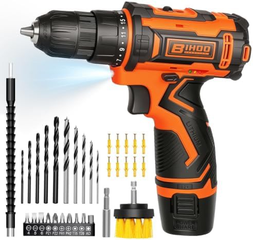 Orange 12V cordless drill with bit set