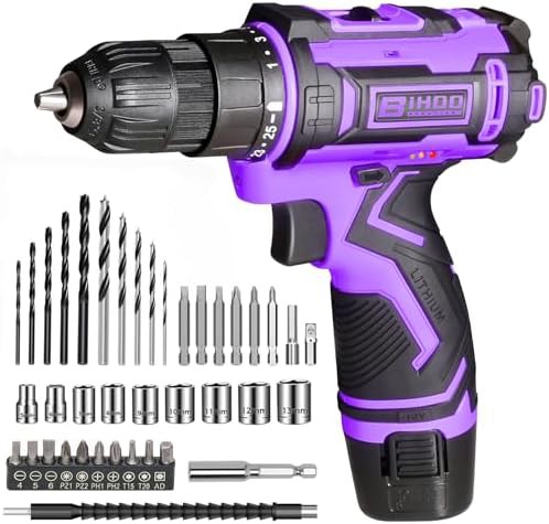 Purple 12V cordless drill with keyless chuck