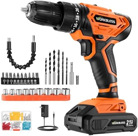 Orange cordless drill with 28 piece bit set