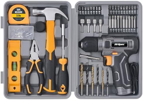 Gray cordless drill and household tool kit