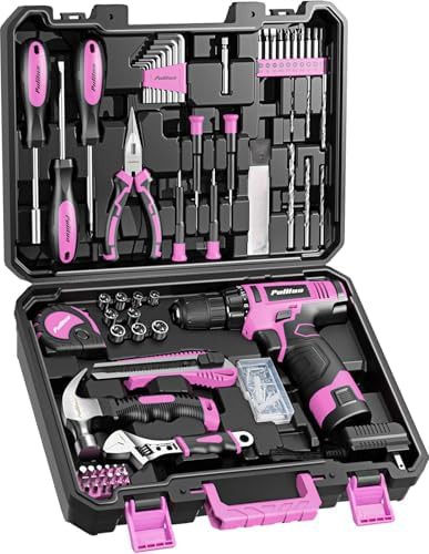 Pink cordless drill and home tool kit