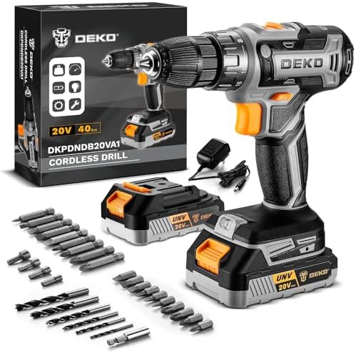Grey 20V cordless drill with two batteries