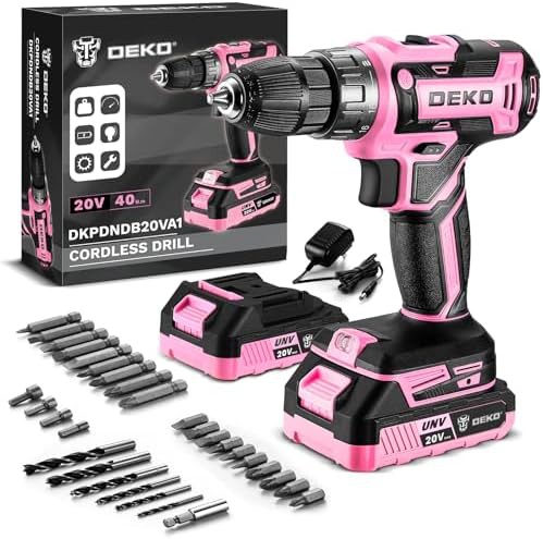 Pink twenty volt cordless drill with two batteries