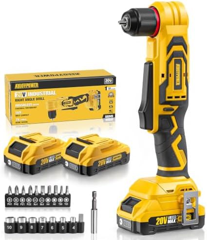 Brushless right angle drill with two batteries